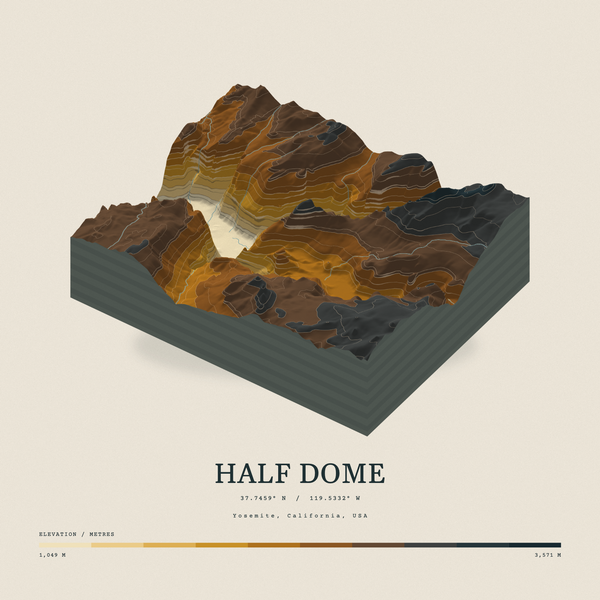 Half Dome — Terrain Relief print in Saffron & Slate (square)