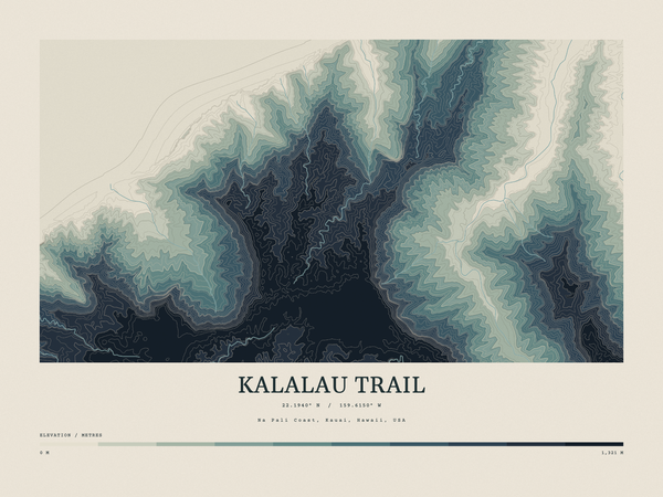 Kalalau Trail — Contour Colour print in Graphite (landscape)