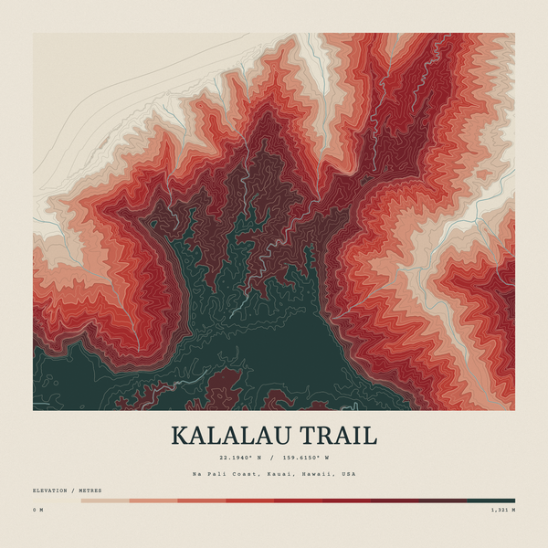 Kalalau Trail — Contour Colour print in Red Earth (square)