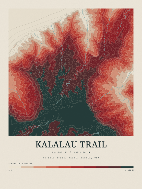 Kalalau Trail — Contour Colour print in Red Earth