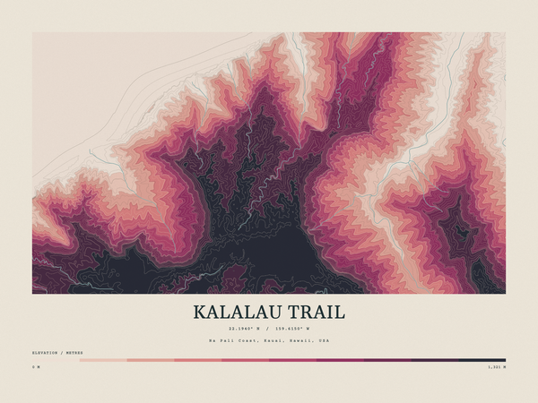 Kalalau Trail — Contour Colour print in Rose & Stone (landscape)