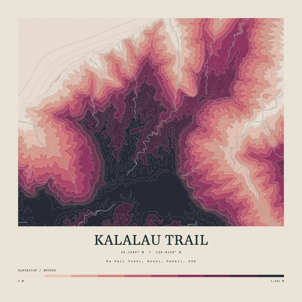 Kalalau Trail — Contour Colour print in Rose & Stone (square)