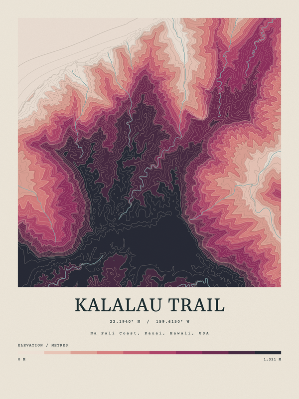 Kalalau Trail — Contour Colour print in Rose & Stone