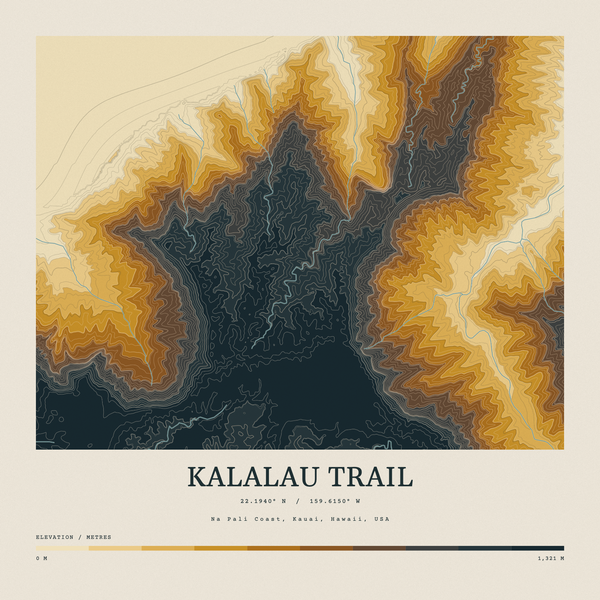Kalalau Trail — Contour Colour print in Saffron & Slate (square)