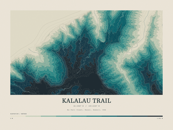 Kalalau Trail — Contour Colour print in Alpine Teal (landscape)