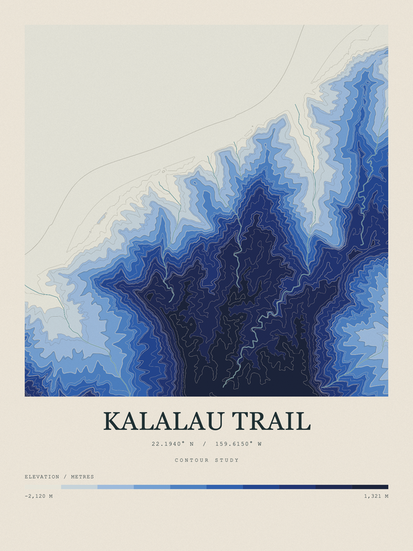 Kalalau Trail — Contour Colour print in Ultramarine