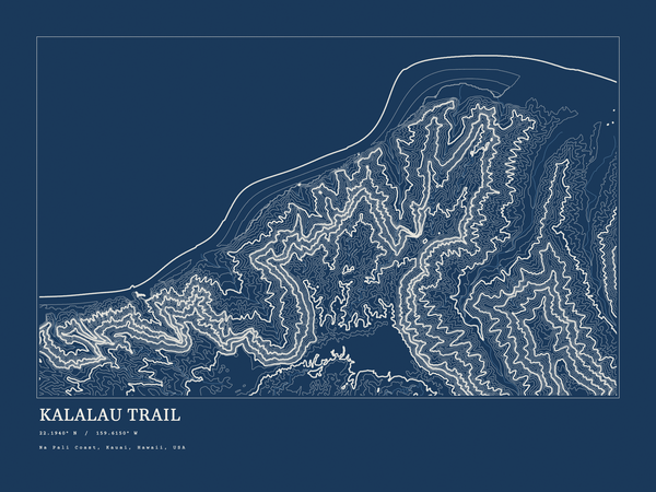 Kalalau Trail — Ink print in Blueprint Dark (landscape)
