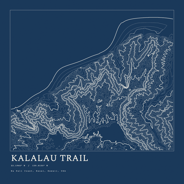 Kalalau Trail — Ink print in Blueprint Dark (square)