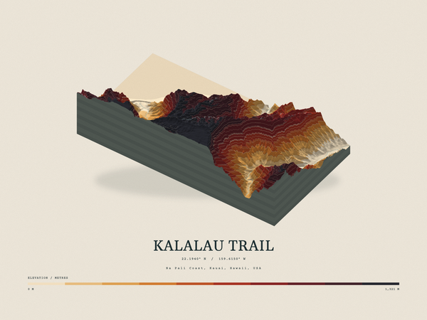 Kalalau Trail — Terrain Relief print in Ember & Ochre (landscape)