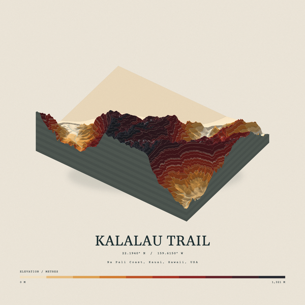 Kalalau Trail — Terrain Relief print in Ember & Ochre (square)