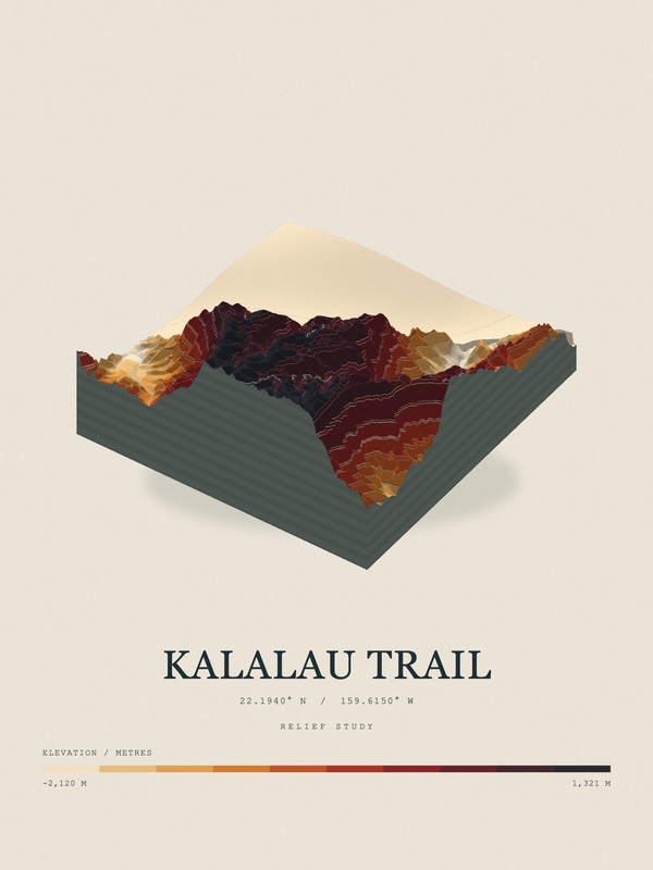 Kalalau Trail — Terrain Relief print in Ember & Ochre