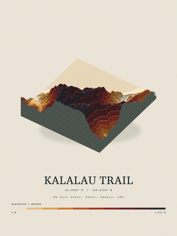 Kalalau Trail — Terrain Relief print in Ember & Ochre