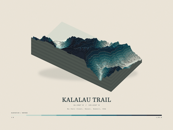 Kalalau Trail — Terrain Relief print in Fjord (landscape)