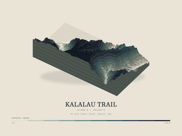 Kalalau Trail — Terrain Relief print in Graphite (landscape)