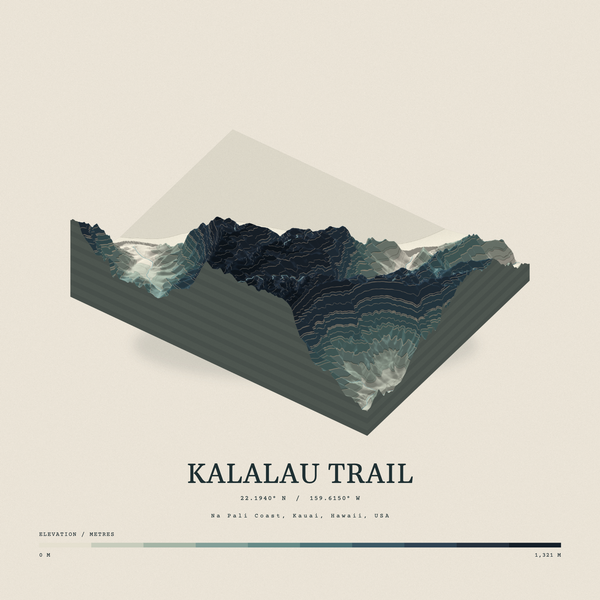 Kalalau Trail — Terrain Relief print in Graphite (square)