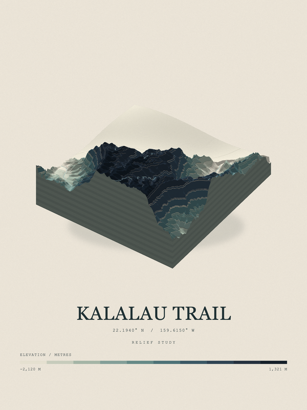 Kalalau Trail — Terrain Relief print in Graphite