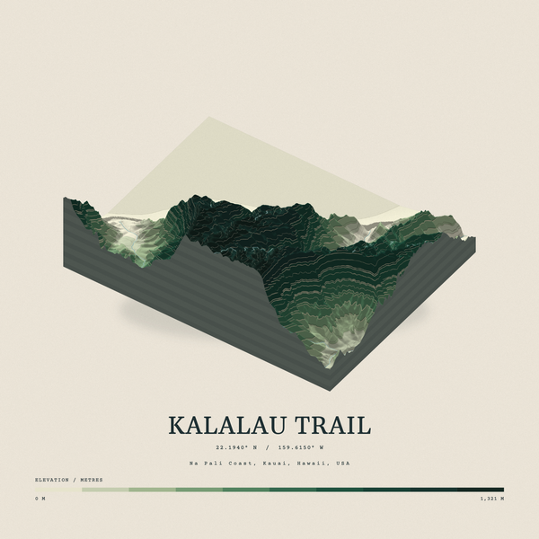 Kalalau Trail — Terrain Relief print in Forest Floor (square)