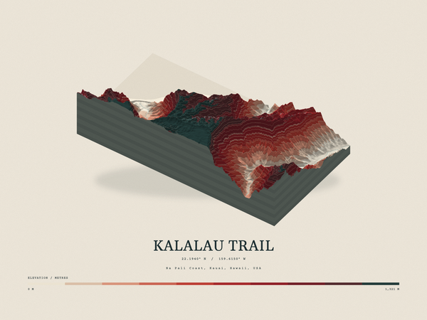Kalalau Trail — Terrain Relief print in Red Earth (landscape)