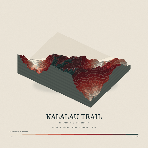 Kalalau Trail — Terrain Relief print in Red Earth (square)