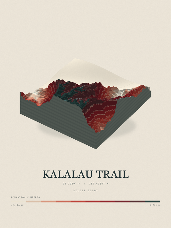 Kalalau Trail — Terrain Relief print in Red Earth