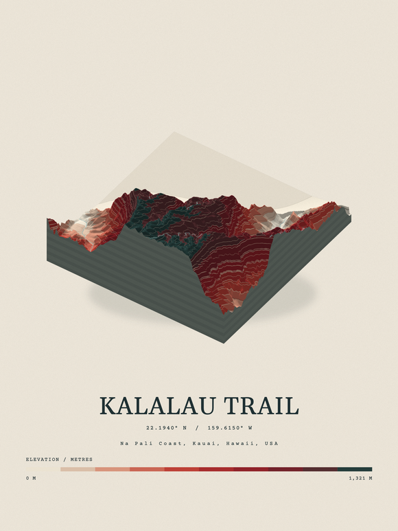 Kalalau Trail — Terrain Relief print in Red Earth