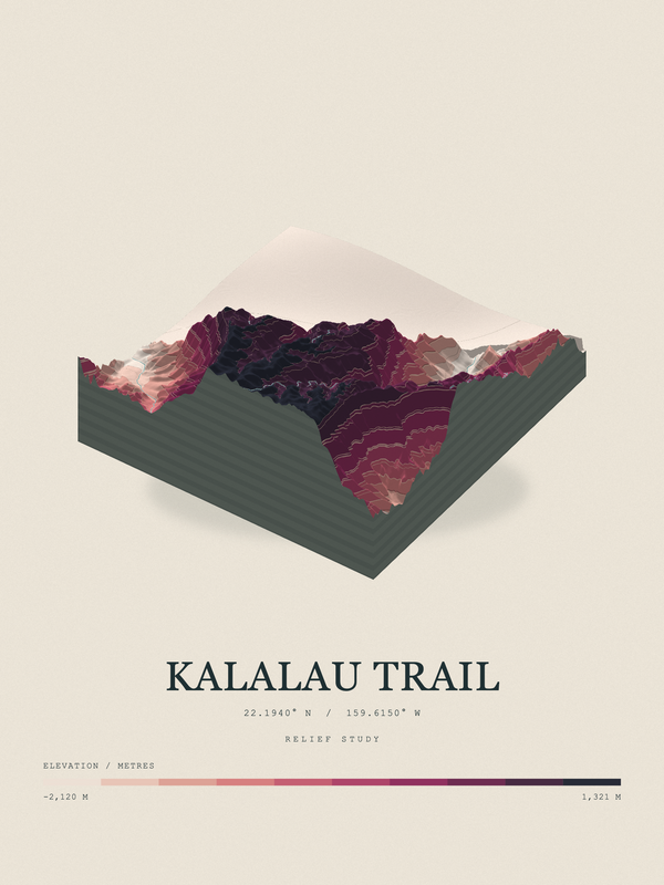 Kalalau Trail — Terrain Relief print in Rose & Stone