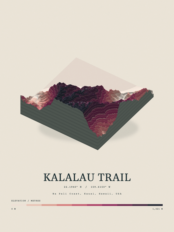 Kalalau Trail — Terrain Relief print in Rose & Stone