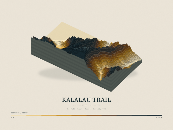 Kalalau Trail — Terrain Relief print in Saffron & Slate (landscape)