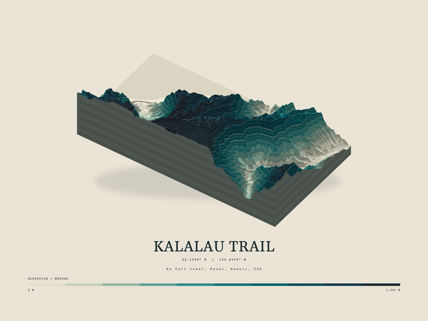 Kalalau Trail — Terrain Relief print in Alpine Teal (landscape)