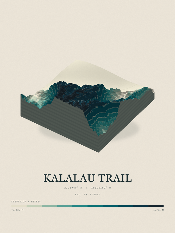 Kalalau Trail — Terrain Relief print in Alpine Teal