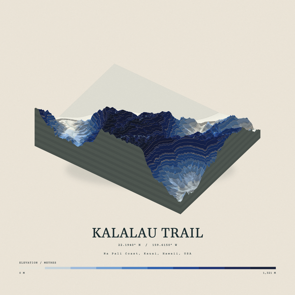 Kalalau Trail — Terrain Relief print in Ultramarine (square)