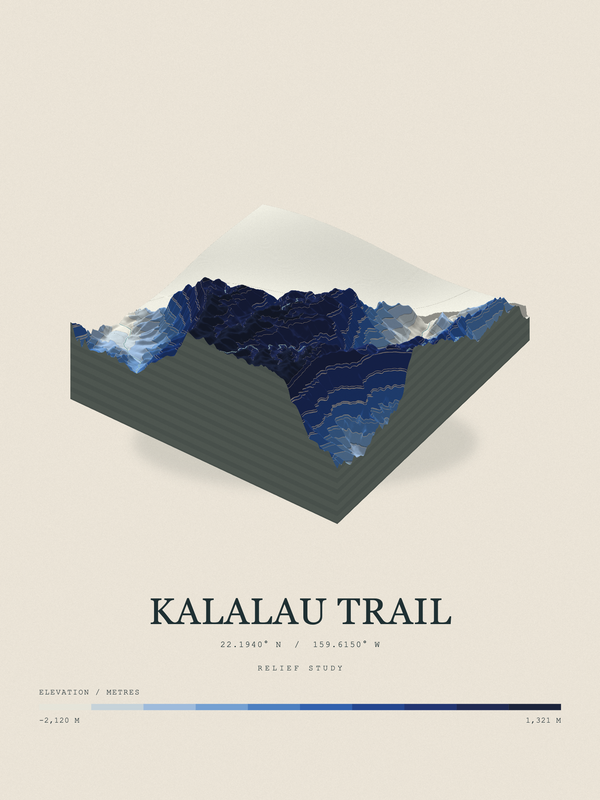 Kalalau Trail — Terrain Relief print in Ultramarine