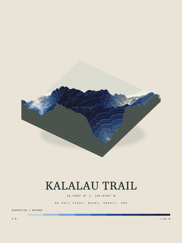 Kalalau Trail — Terrain Relief print in Ultramarine
