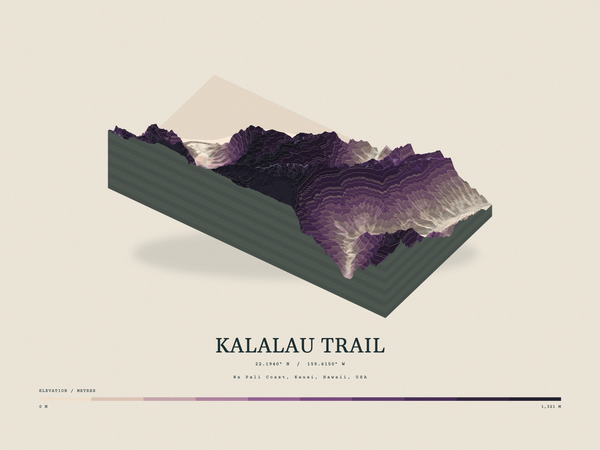 Kalalau Trail — Terrain Relief print in Plum & Clay (landscape)