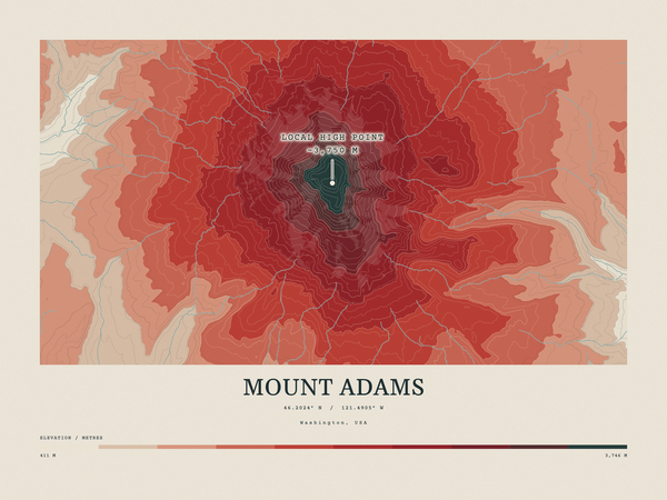 Mount Adams — Contour Colour print in Red Earth (landscape)