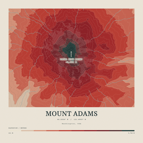 Mount Adams — Contour Colour print in Red Earth (square)