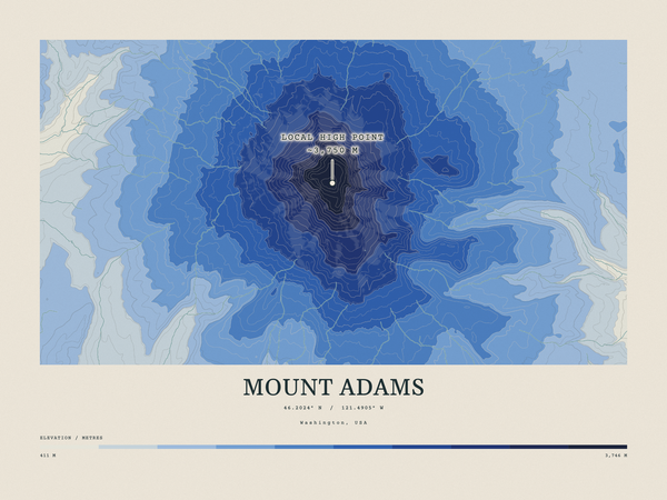 Mount Adams — Contour Colour print in Ultramarine (landscape)
