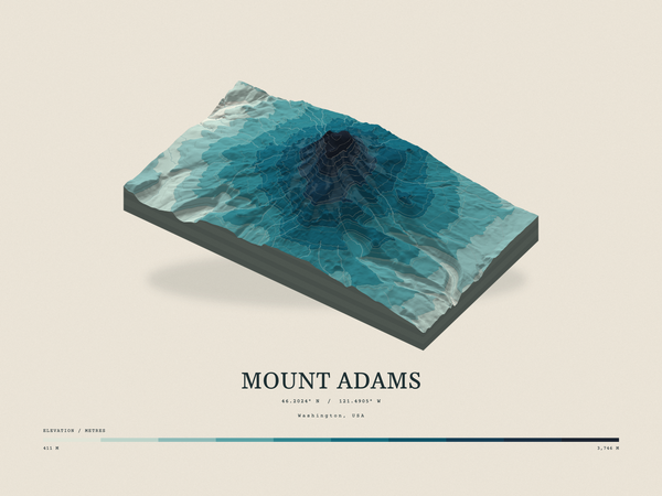Mount Adams — Terrain Relief print in Fjord (landscape)