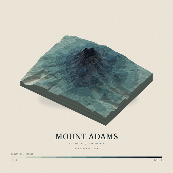 Mount Adams — Terrain Relief print in Graphite (square)