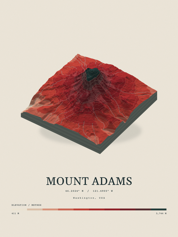 Mount Adams — Terrain Relief print in Red Earth