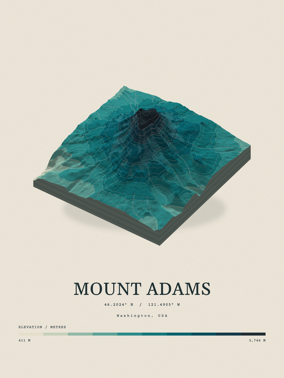 Mount Adams — Terrain Relief print in Alpine Teal