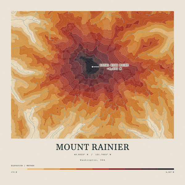 Mount Rainier — Contour Colour print in Ember & Ochre (square)