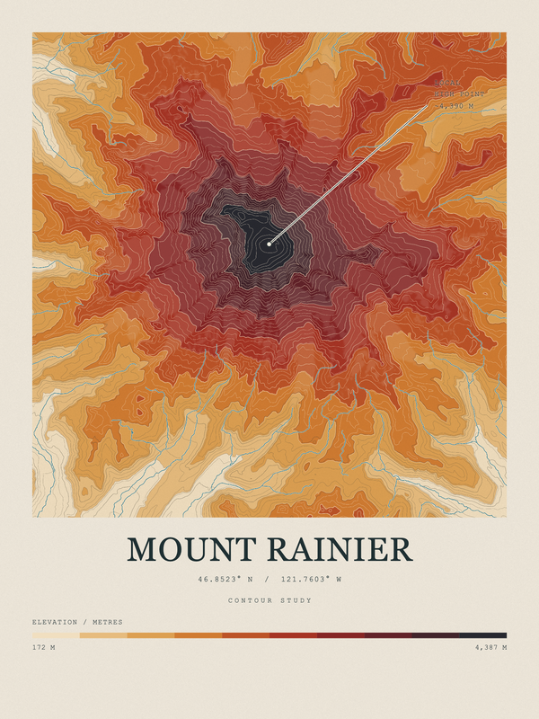 Mount Rainier — Contour Colour print in Ember & Ochre