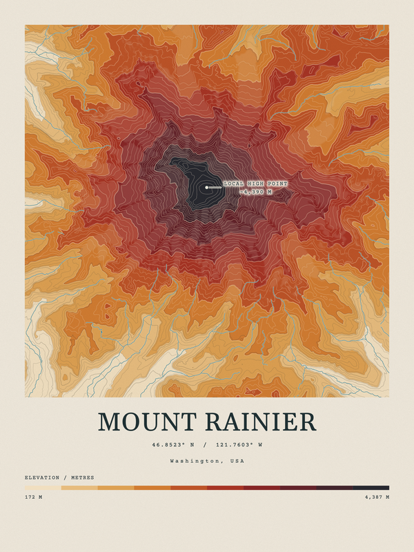 Mount Rainier — Contour Colour print in Ember & Ochre