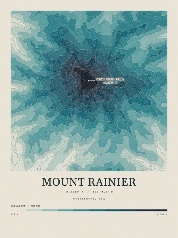 Mount Rainier — Contour Colour print in Fjord