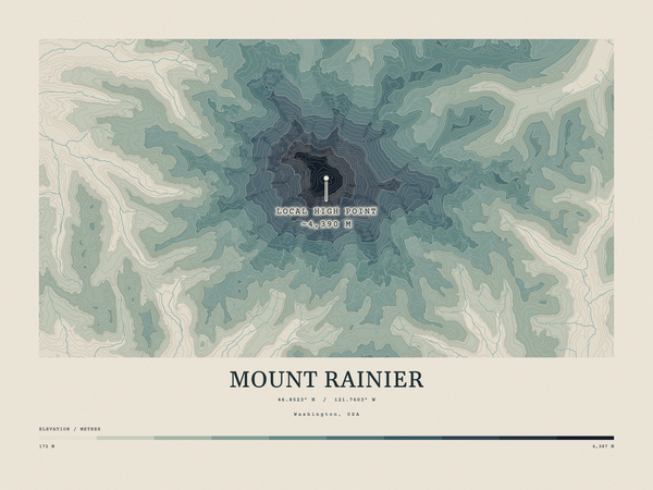 Mount Rainier — Contour Colour print in Graphite (landscape)