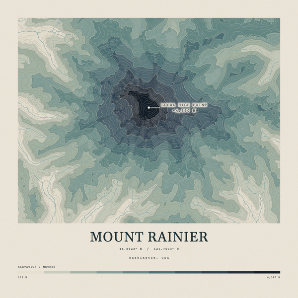 Mount Rainier — Contour Colour print in Graphite (square)