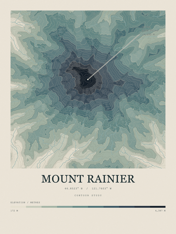 Mount Rainier — Contour Colour print in Graphite