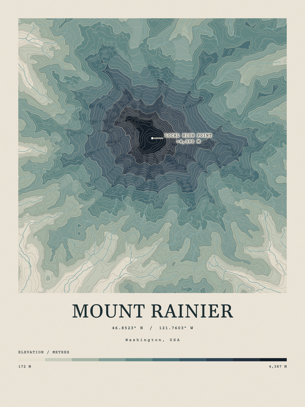 Mount Rainier — Contour Colour print in Graphite