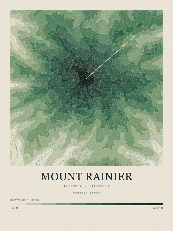 Mount Rainier — Contour Colour print in Forest Floor